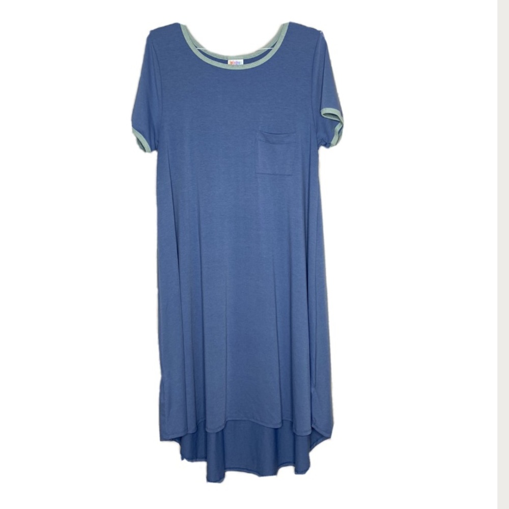 LuLaRoe Carly Blue Swing Dress With Green Trim